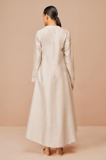 Shop_Ampm_Beige Chanderi Embroidery, Cut Work Round Neck Anais Jacket Set _at_Aza_Fashions