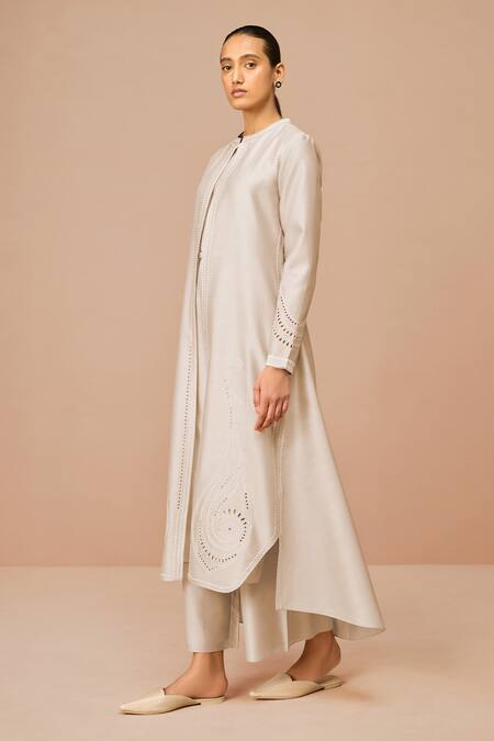 Buy_Ampm_Beige Chanderi Embroidery, Cut Work Round Neck Anais Jacket Set _Online_at_Aza_Fashions