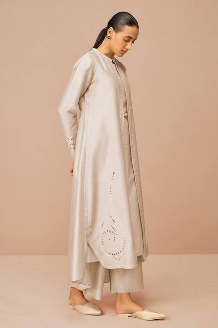 Shop_Ampm_Beige Chanderi Embroidery, Cut Work Round Neck Anais Jacket Set _Online_at_Aza_Fashions