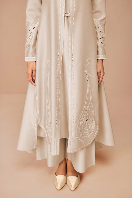 Ampm_Beige Chanderi Embroidery, Cut Work Round Neck Anais Jacket Set _at_Aza_Fashions