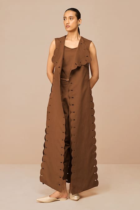 Ampm_Brown Cotton, Linen Cleo Dori Embroidered Throw Set _Online_at_Aza_Fashions