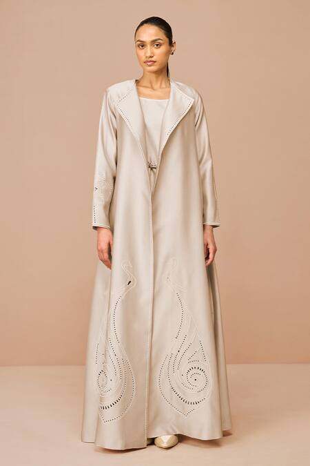 Shop_Ampm_Beige Chanderi Embroidery Open , Square Raysa Jacket Set _Online_at_Aza_Fashions