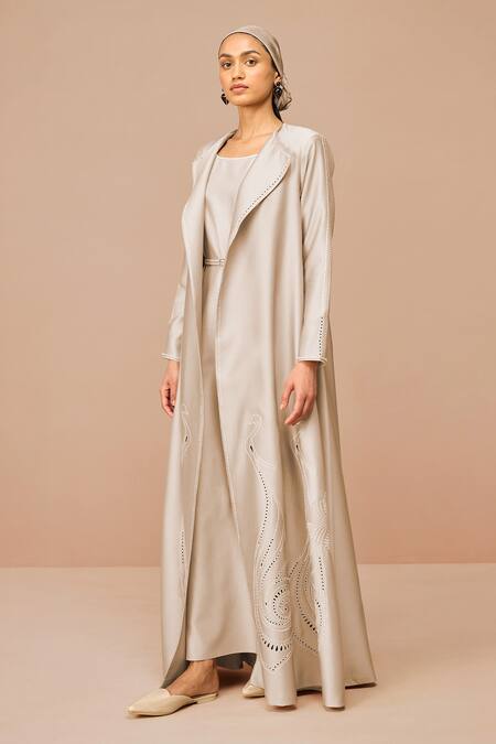 Ampm_Beige Chanderi Embroidery Open , Square Raysa Jacket Set _at_Aza_Fashions