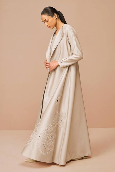 Shop_Ampm_Beige Chanderi Embroidery Open , Square Raysa Jacket Set 