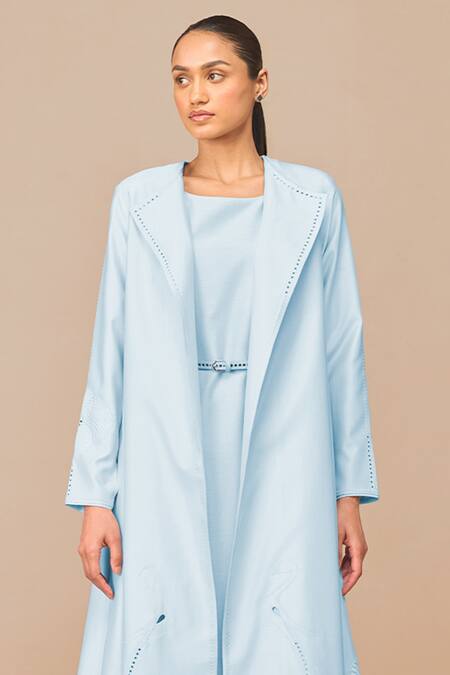 Ampm_Blue Chanderi Embroidery, Cut Work Square Neck Ice-blue Jacket Set _Online_at_Aza_Fashions