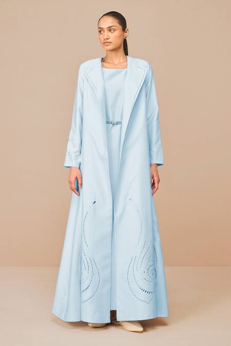 Buy_Ampm_Blue Chanderi Embroidery, Cut Work Square Neck Ice-blue Jacket Set _Online_at_Aza_Fashions