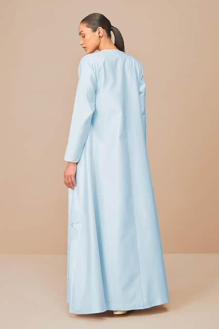 Shop_Ampm_Blue Chanderi Embroidery, Cut Work Square Neck Ice-blue Jacket Set _at_Aza_Fashions