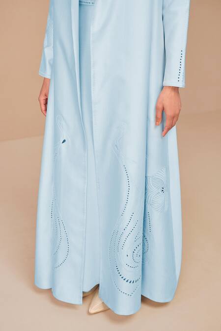 Ampm_Blue Chanderi Embroidery, Cut Work Square Neck Ice-blue Jacket Set _at_Aza_Fashions