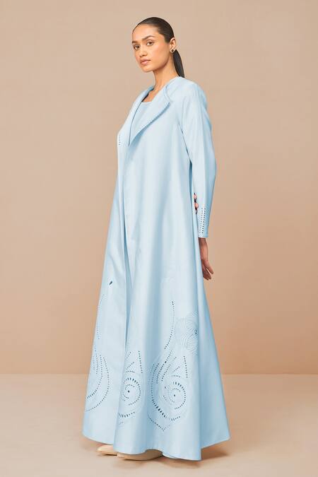 Buy_Ampm_Blue Chanderi Embroidery, Cut Work Square Neck Ice-blue Jacket Set 