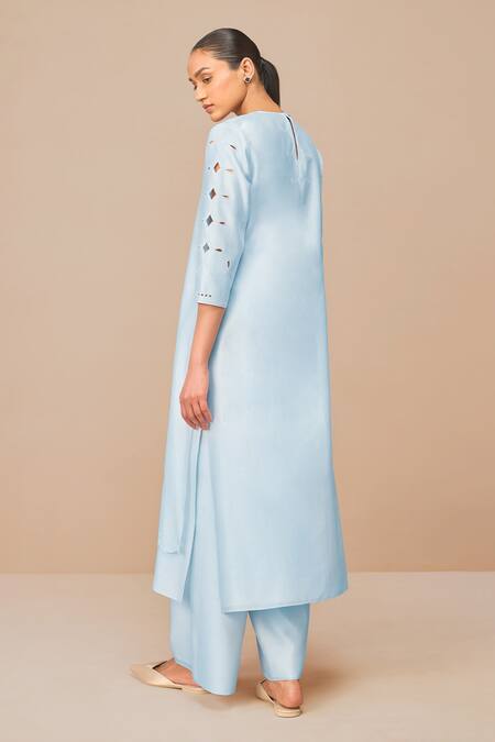 Ampm Blue Chanderi Cut Work Round Neck Ice Svara Kurta Set Online at Aza Fashions Ampm_Blue Chanderi Cut Work Round Neck Ice Svara Kurta Set _Online_at_Aza_Fashions