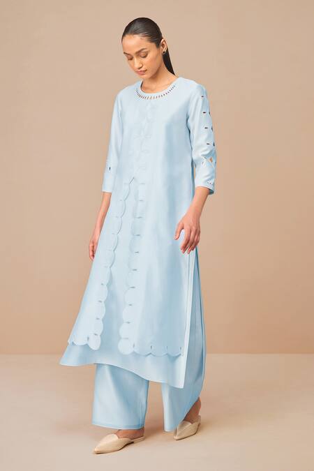 Buy Ampm Blue Chanderi Cut Work Round Neck Ice Svara Kurta Set Online at Aza Fashions Buy_Ampm_Blue Chanderi Cut Work Round Neck Ice Svara Kurta Set _Online_at_Aza_Fashions