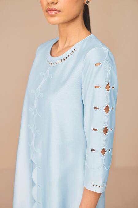 Buy Ampm Blue Chanderi Cut Work Round Neck Ice Svara Kurta Set Buy_Ampm_Blue Chanderi Cut Work Round Neck Ice Svara Kurta Set