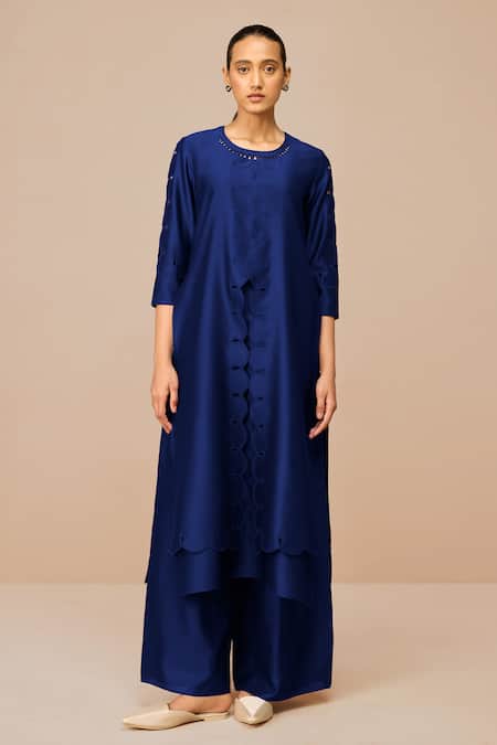 Ampm_Blue Chanderi Cut Work Round Neck Indigo Svara Kurta Set _Online_at_Aza_Fashions