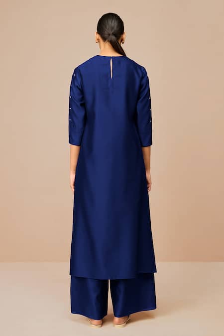 Shop_Ampm_Blue Chanderi Cut Work Round Neck Indigo Svara Kurta Set _at_Aza_Fashions