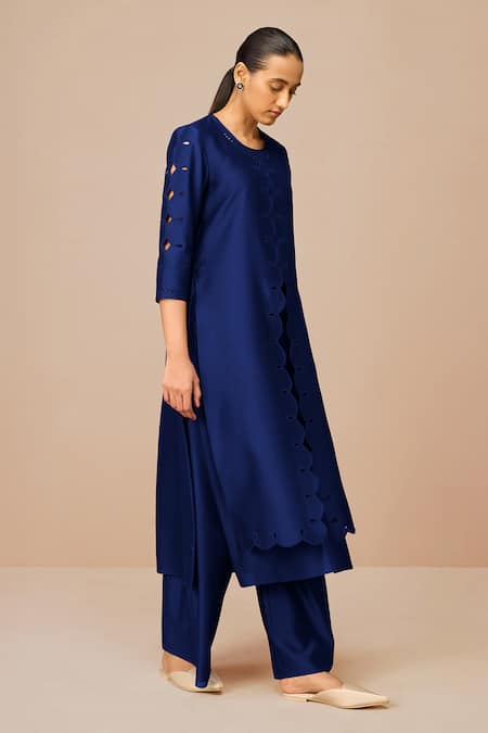 Buy_Ampm_Blue Chanderi Cut Work Round Neck Indigo Svara Kurta Set _Online_at_Aza_Fashions