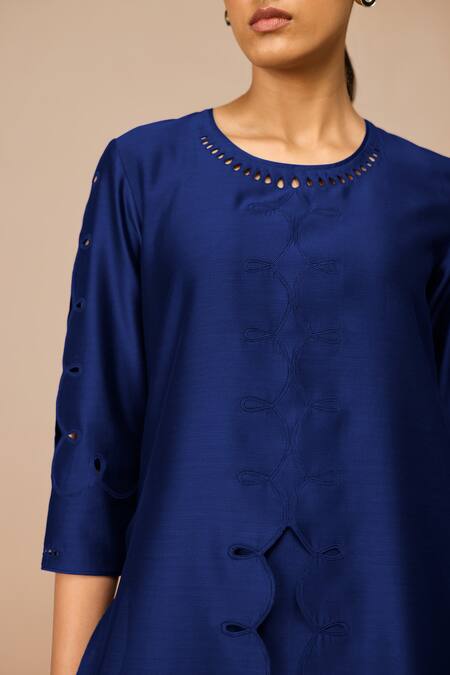 Shop_Ampm_Blue Chanderi Cut Work Round Neck Indigo Svara Kurta Set _Online_at_Aza_Fashions