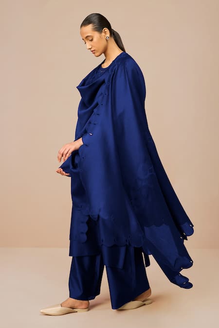 Ampm_Blue Chanderi Cut Work Round Neck Indigo Svara Kurta Set _at_Aza_Fashions