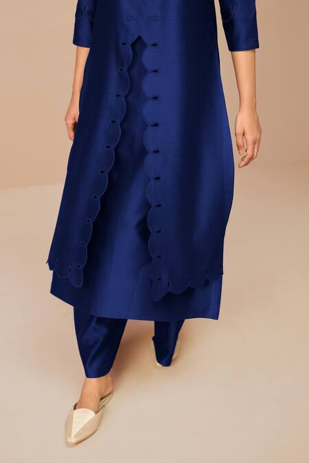 Buy_Ampm_Blue Chanderi Cut Work Round Neck Indigo Svara Kurta Set 