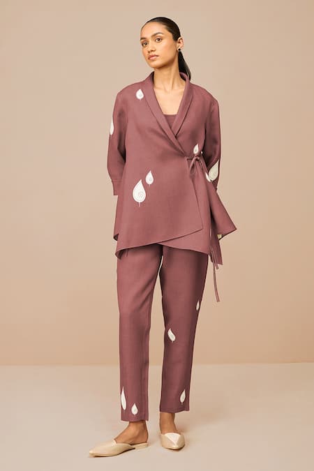 Ampm_Purple Linen, Viscose Embroidery V-, Round Dahlia Wrap Shirt And Pant Set _Online_at_Aza_Fashions