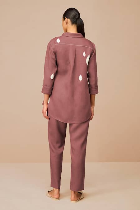 Shop_Ampm_Purple Linen, Viscose Embroidery V-, Round Dahlia Wrap Shirt And Pant Set _at_Aza_Fashions