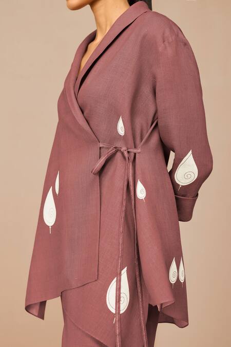 Buy_Ampm_Purple Linen, Viscose Embroidery V-, Round Dahlia Wrap Shirt And Pant Set _Online_at_Aza_Fashions