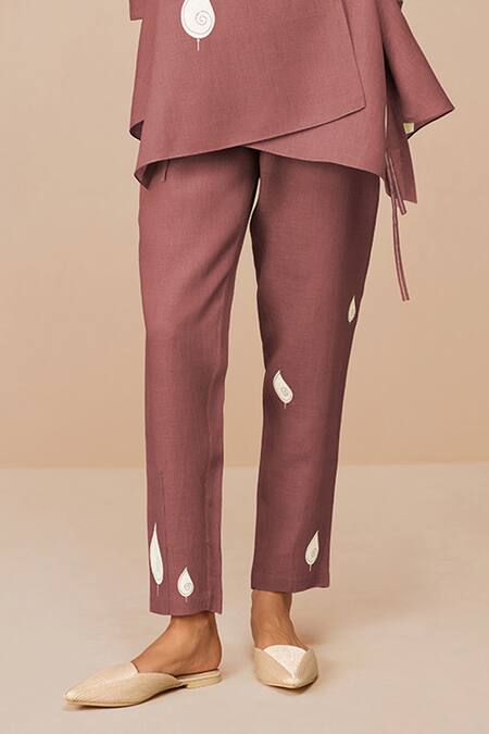 Shop_Ampm_Purple Linen, Viscose Embroidery V-, Round Dahlia Wrap Shirt And Pant Set _Online_at_Aza_Fashions