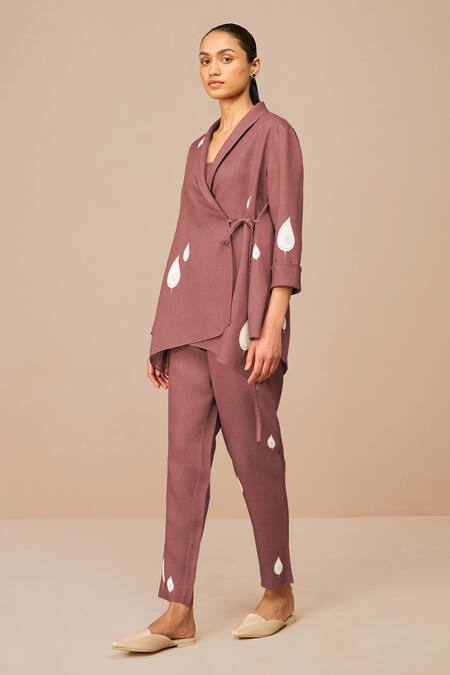 Ampm_Purple Linen, Viscose Embroidery V-, Round Dahlia Wrap Shirt And Pant Set _at_Aza_Fashions