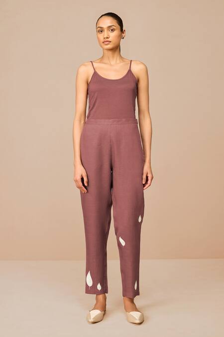 Buy_Ampm_Purple Linen, Viscose Embroidery V-, Round Dahlia Wrap Shirt And Pant Set 