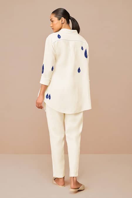 Shop_Ampm_Ivory Linen, Viscose Embroidery Open Neck Dahlia Wrap Shirt And Pant Set _at_Aza_Fashions