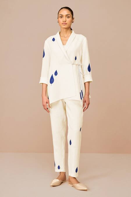 Ampm_Ivory Linen, Viscose Embroidery Open Neck Dahlia Wrap Shirt And Pant Set _Online_at_Aza_Fashions