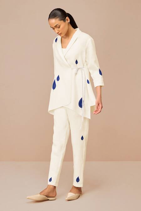 Buy_Ampm_Ivory Linen, Viscose Embroidery Open Neck Dahlia Wrap Shirt And Pant Set _Online_at_Aza_Fashions