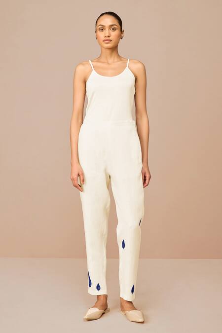 Shop_Ampm_Ivory Linen, Viscose Embroidery Open Neck Dahlia Wrap Shirt And Pant Set _Online_at_Aza_Fashions
