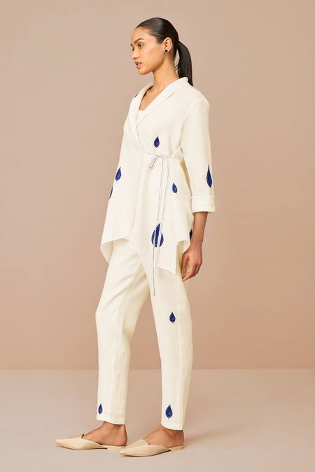 Ampm_Ivory Linen, Viscose Embroidery Open Neck Dahlia Wrap Shirt And Pant Set _at_Aza_Fashions