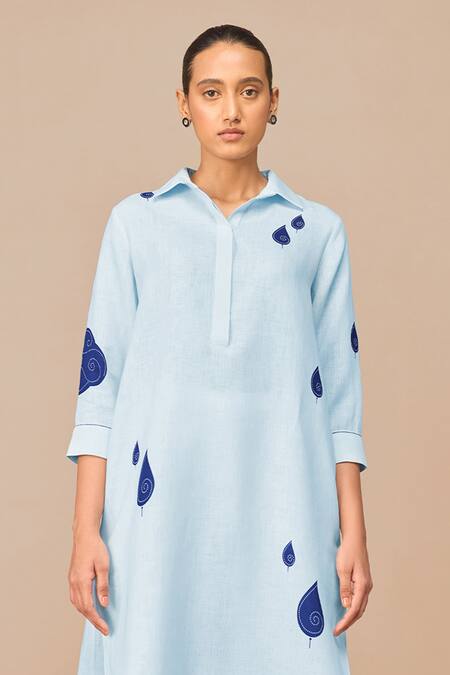 Ampm_Blue Linen Embroidery Collared Ice Tunic And Palazzo Set _Online_at_Aza_Fashions