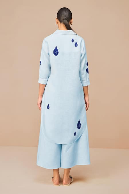 Shop_Ampm_Blue Linen Embroidery Collared Ice Tunic And Palazzo Set _at_Aza_Fashions
