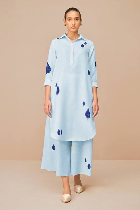 Buy_Ampm_Blue Linen Embroidery Collared Ice Tunic And Palazzo Set _Online_at_Aza_Fashions