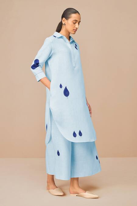 Shop_Ampm_Blue Linen Embroidery Collared Ice Tunic And Palazzo Set _Online_at_Aza_Fashions