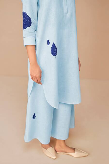 Ampm_Blue Linen Embroidery Collared Ice Tunic And Palazzo Set _at_Aza_Fashions