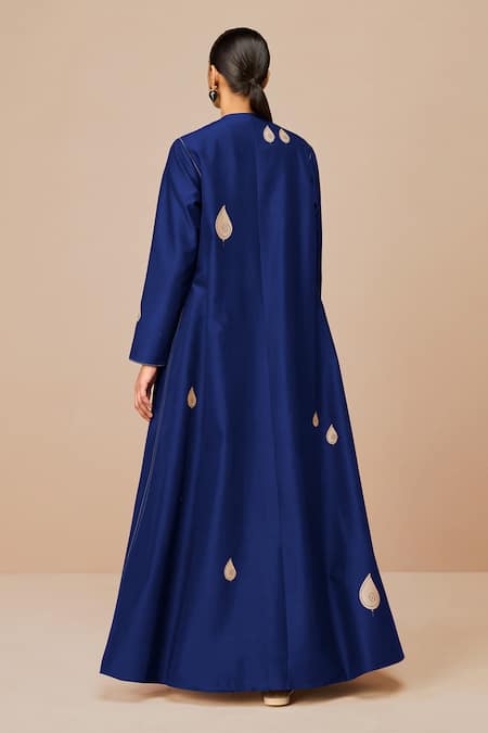 Shop_Ampm_Blue Chanderi Embroidery, Chains Open Neck, Indigo Azar Jacket Set _at_Aza_Fashions