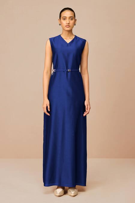 Ampm_Blue Chanderi Embroidery, Chains Open Neck, Indigo Azar Jacket Set _Online_at_Aza_Fashions