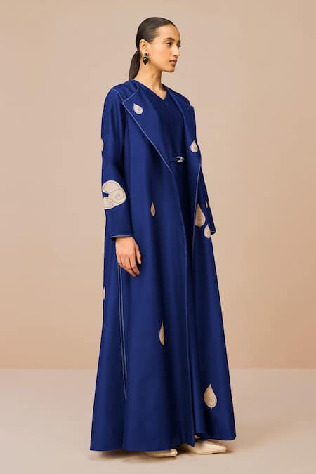 Shop_Ampm_Blue Chanderi Embroidery, Chains Open Neck, Indigo Azar Jacket Set _Online_at_Aza_Fashions