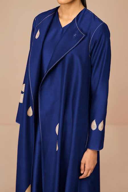 Ampm_Blue Chanderi Embroidery, Chains Open Neck, Indigo Azar Jacket Set _at_Aza_Fashions