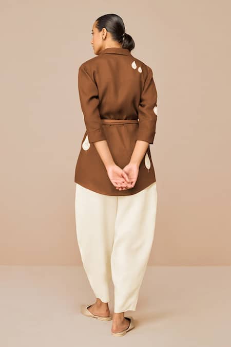 Shop Ampm Brown Linen Embroidery Collared Solene Shirt Set at Aza Fashions Shop_Ampm_Brown Linen Embroidery Collared Solene Shirt Set _at_Aza_Fashions