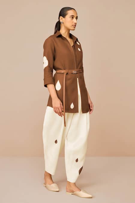 Ampm Brown Linen Embroidery Collared Solene Shirt Set Online at Aza Fashions Ampm_Brown Linen Embroidery Collared Solene Shirt Set _Online_at_Aza_Fashions