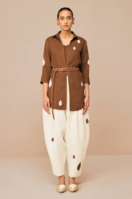 Buy Ampm Brown Linen Embroidery Collared Solene Shirt Set Online at Aza Fashions Buy_Ampm_Brown Linen Embroidery Collared Solene Shirt Set _Online_at_Aza_Fashions