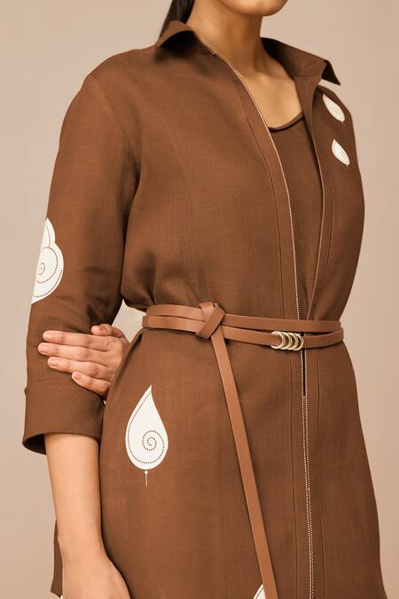 Buy Ampm Brown Linen Embroidery Collared Solene Shirt Set Buy_Ampm_Brown Linen Embroidery Collared Solene Shirt Set