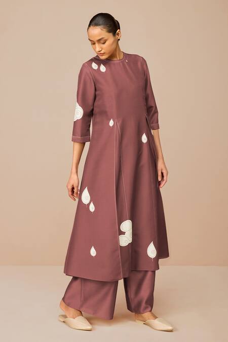 Ampm_Orange Chanderi Embroidery Round Neck Terracotta Ophira Kurta Set_at_Aza_Fashions