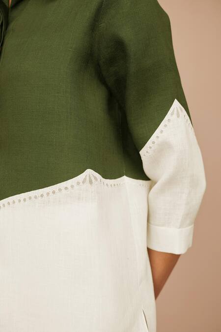 Ampm Green Linen Collared Color Block Shirt Online at Aza Fashions Ampm_Green Linen Collared Color Block Shirt _Online_at_Aza_Fashions