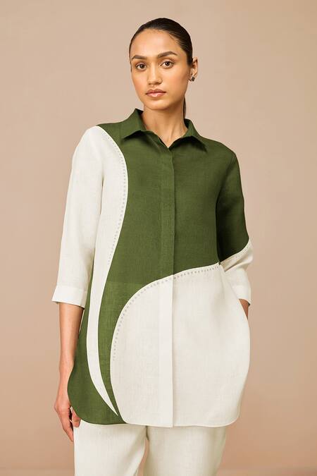 Buy Ampm Green Linen Collared Color Block Shirt Online at Aza Fashions Buy_Ampm_Green Linen Collared Color Block Shirt _Online_at_Aza_Fashions