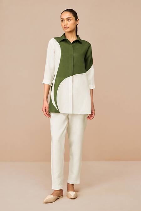 Shop Ampm Green Linen Collared Color Block Shirt Online at Aza Fashions Shop_Ampm_Green Linen Collared Color Block Shirt _Online_at_Aza_Fashions